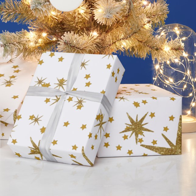 Modern festive golden starry white pattern Xmas Wrapping Paper (Holidays)