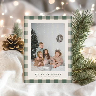 Modern Festive Green Plaid Rustic Photo Christmas Holiday Card