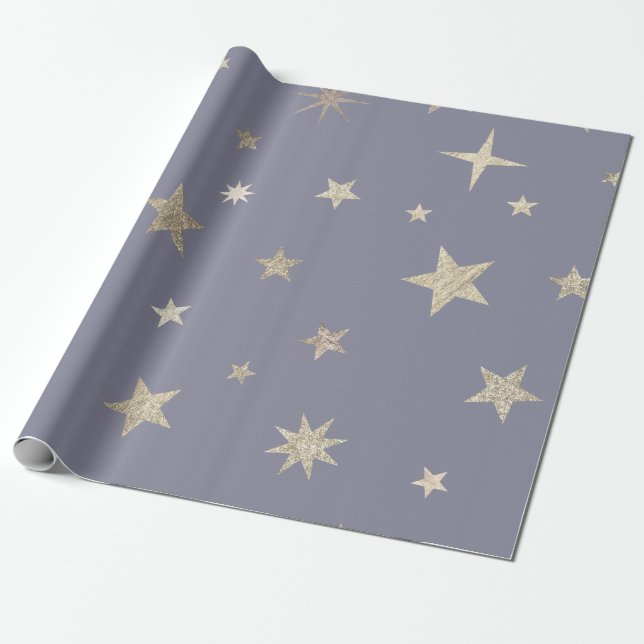 Modern Festive Grey Gold Star Roll  Wrapping Paper (Unrolled)