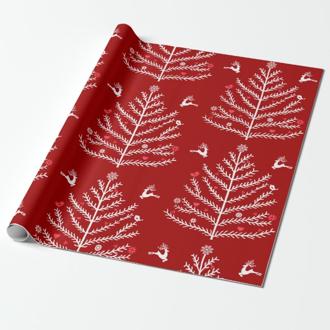Modern Festive Nordic Christmas Tree Deer Red Wrapping Paper (Unrolled)