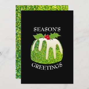 Modern Festive Pudding Green   GLITTER   Christmas Holiday Card