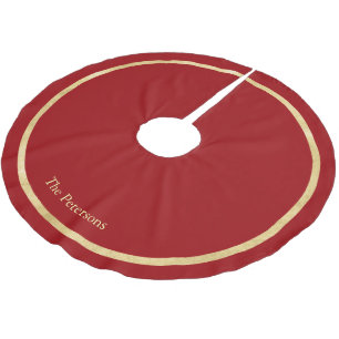 Modern Festive Red Gold Border Family Name  Brushed Polyester Tree Skirt