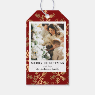 Modern Festive Red Gold Christmas Family Photo Gift Tags
