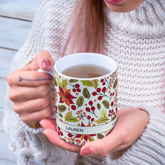 Modern Festive Red Orange Poinsettia Folk Pattern Coffee Mug (Creator Uploaded)
