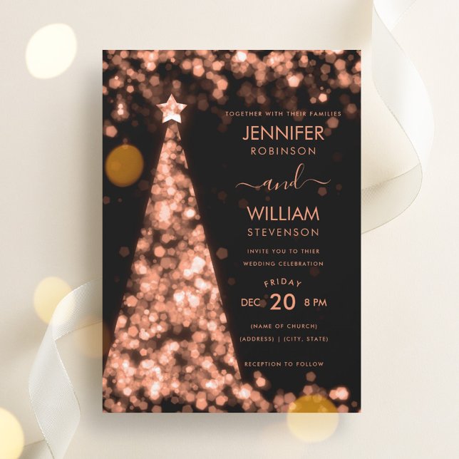 Modern Festive Rose Gold Tree Christmas Wedding  Invitation (Modern Festive Rose Gold Tree Christmas Wedding Invitation)