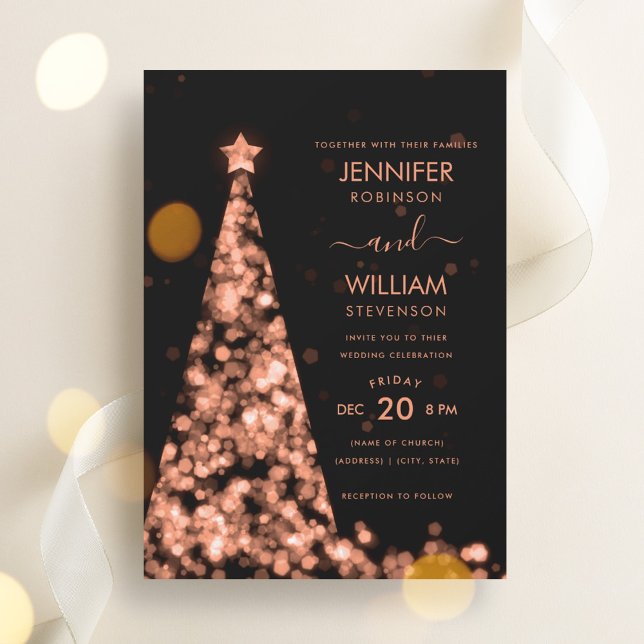 Modern Festive Rose Gold Tree Christmas Wedding  Invitation (Modern Festive Rose Gold Tree Christmas Wedding Invitation)