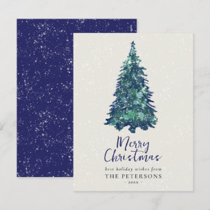 Modern Festive Snowy Blue Christmas Tree  Holiday Postcard