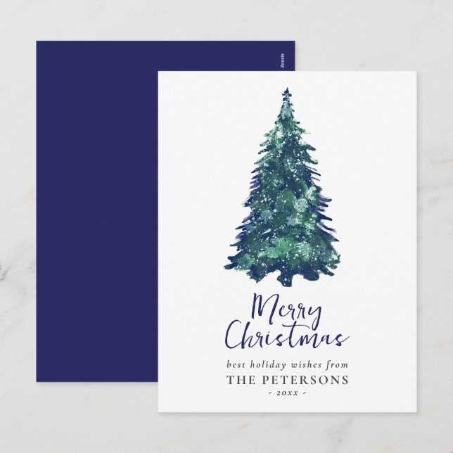 Modern Festive Snowy Blue Christmas Tree  Holiday Postcard (Front/Back)