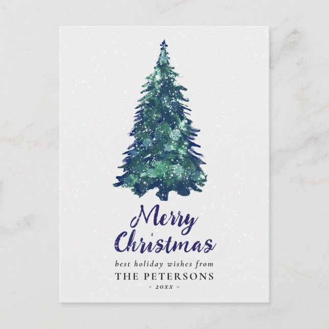 Modern Festive Snowy Green Christmas Tree Postcard (Front)