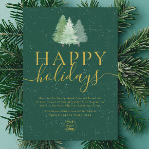 Modern Festive Trees Logo Business Green Gold Holiday Card