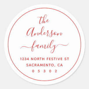 Modern Festive White Family Name Return Address Classic Round Sticker