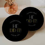 Modern Fete Black Gold He Did It Graduation Paper Plate<br><div class="desc">These modern fete black gold he did it graduation paper plates are perfect for a simple grad party. The design features elegant boho typography with a touch of sophisticated style in classy dark black and yellow gold.

Personalize your paper plates with the name of the graduate and class year.</div>