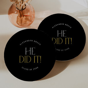 Modern Fete Black Gold He Did It Graduation Paper Plate