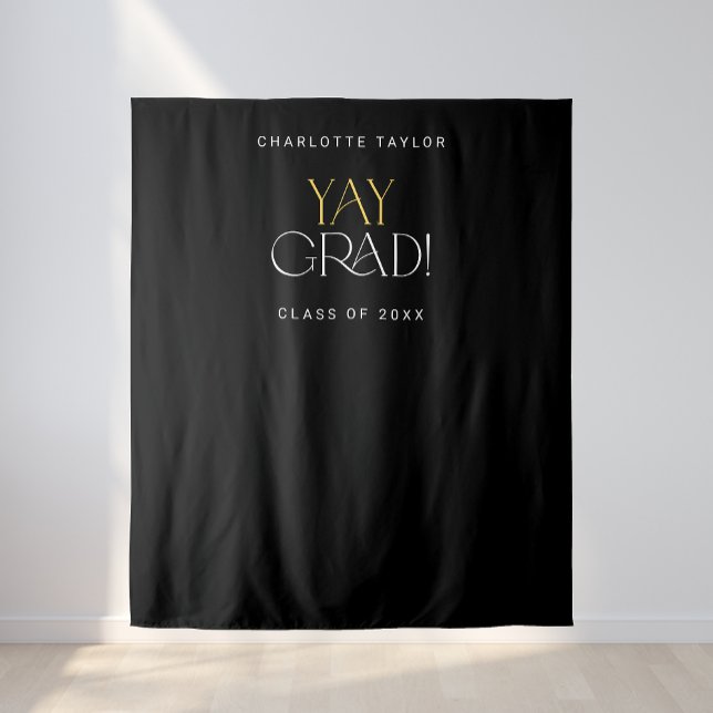 Modern Fete Black Gold Yay Grad Photo Backdrop Tapestry (Creator Uploaded)