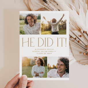 Modern Fete Gold He Did It Photo Graduation Announcement