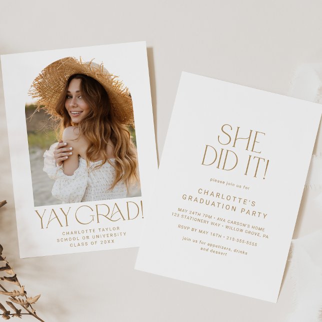 Modern Fete Gold She Did It Photo Arch Graduation Invitation (Creator Uploaded)