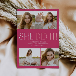 Modern Fete   Hot Pink She Did It Photo Graduation Announcement