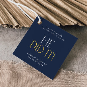 Modern Fete Navy Gold He Did It Graduation Favour Tags