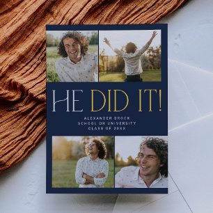Modern Fete Navy Gold He Did It Photo Graduation Announcement