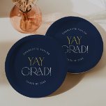 Modern Fete Navy Gold Yay Grad Graduation Paper Plate<br><div class="desc">These modern fete navy gold yay grad graduation paper plates are perfect for a simple grad party. The design features elegant boho typography with a touch of sophisticated style in classy navy blue and yellow gold.

Personalize your paper plates with the name of the graduate and class year.</div>