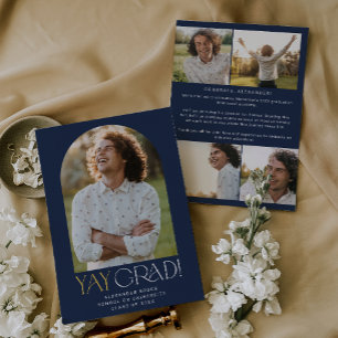 Modern Fete Navy Gold Yay Grad Photo Graduation Announcement