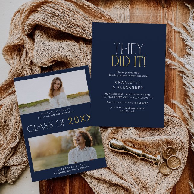 Modern Fete Navy Photo Double Graduation Party Invitation (Creator Uploaded)