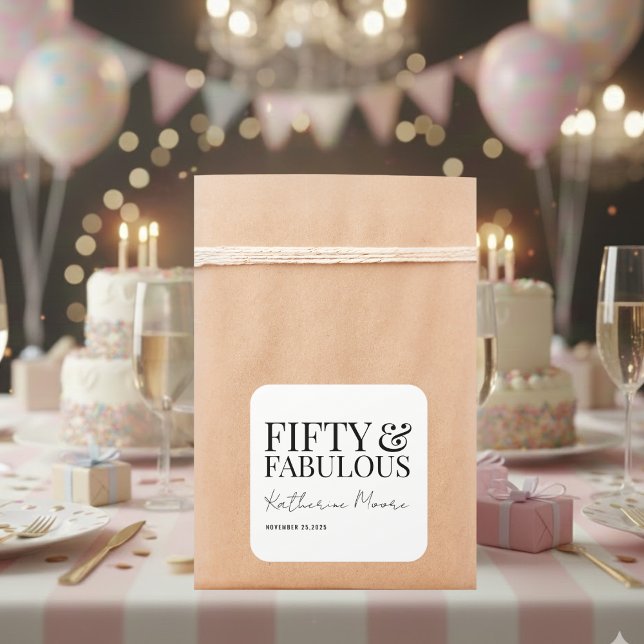 Modern Fifty and Fabulous Bold 50th Birthday Party Square Sticker (Creator Uploaded)