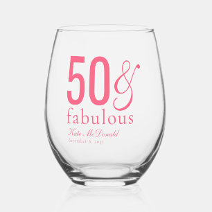 Modern Fifty and Fabulous Bold 50th Birthday Party Stemless Wine Glass