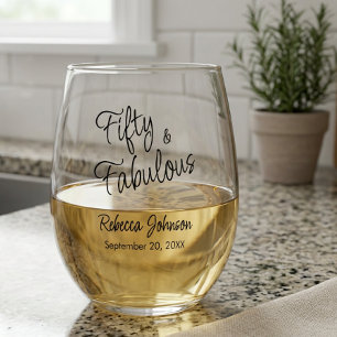 Modern Fifty and Fabulous Bold 50th Birthday Party Stemless Wine Glass