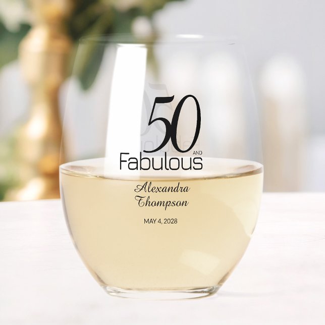 Modern Fifty and Fabulous Bold 50th Birthday Party Stemless Wine Glass (Creator Uploaded)