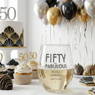 Modern Fifty and Fabulous Bold 50th Birthday Party Stemless Wine Glass
