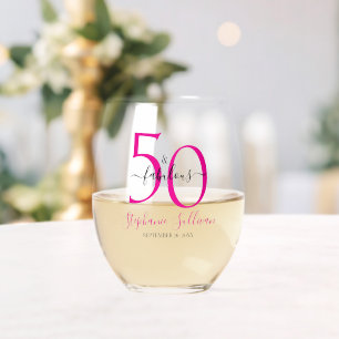 Modern Fifty and Fabulous Pink 50th Birthday Party Stemless Wine Glass