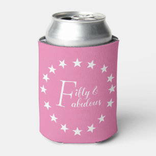 Modern Fifty and Fabulous Pink Star Birthday Can Cooler