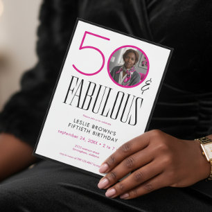 Modern Fifty Fabulous Pink White Photo Birthday Invitation