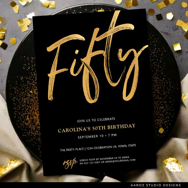 Modern Fifty Script Gold Black 50th Birthday Invitation (Faux gold invite shown in 5x7 inches with square corners. Choose corner, paper and size.)