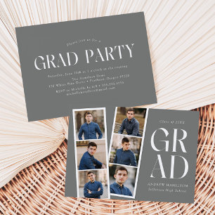 Modern Filmstrip Grey 6 Photo Graduation Party Invitation