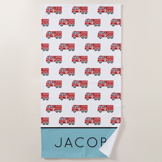 Modern Fire Truck Pattern Personalized Kids Beach Towel (Front)