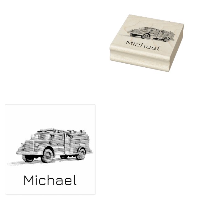 Modern Fire Truck Personalized Name  Rubber Stamp (Stamped)
