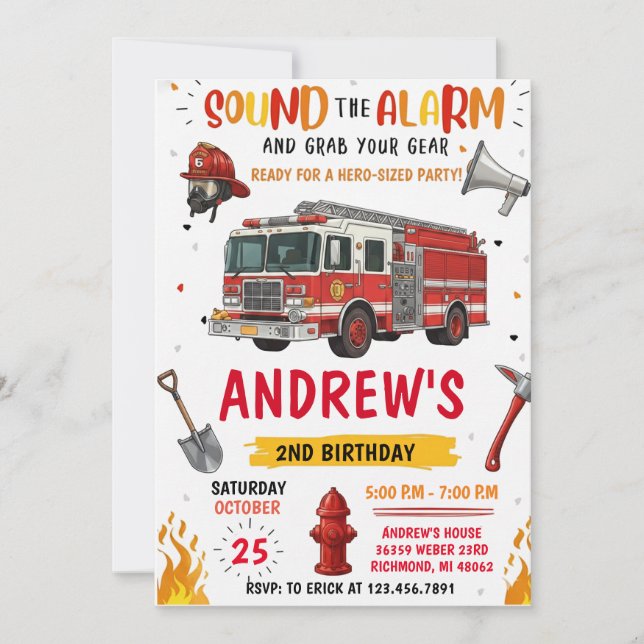 Modern FireFigher truck Birthday with image Invitation (Front)