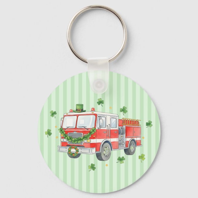 Modern Firefighter St. Patrick's Day Fire Truck Keychain (Front)