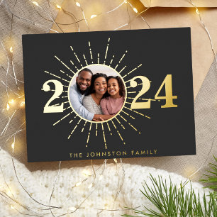Modern Firework Happy New Year Photo Foil Holiday Postcard