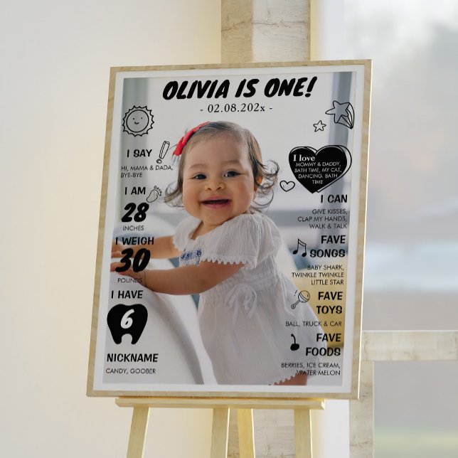 Modern First Birthday Photo Milestone Poster (Creator Uploaded)