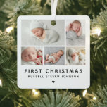 Modern First Christmas 5 Photos Metal Ornament<br><div class="desc">Modern 5 multi photos on a grid displaying your favourite newborn infant photos for their first Christmas metal ornament.</div>