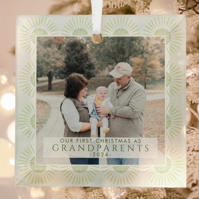 Modern First Christmas As Grandparents Photo Glass Ornament (Creator Uploaded)