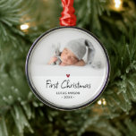 Modern First Christmas Baby Photo Metal Ornament<br><div class="desc">Baby's First Christmas holiday ornament. Design futures your favourite photo,  decorative accent heart in red and whimsical lettering.</div>