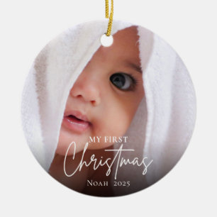 Modern First Christmas Baby Photo Name Elegant  Ceramic Ornament