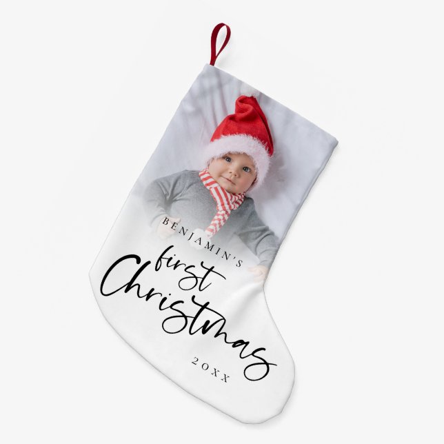 Modern First Christmas Baby Photo Script Small Christmas Stocking (Front (Hanging))