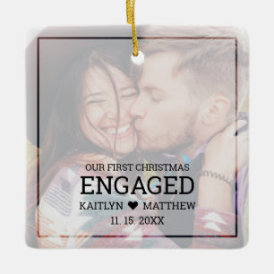 Modern First Christmas Engaged Faded Photo Ceramic Ornament