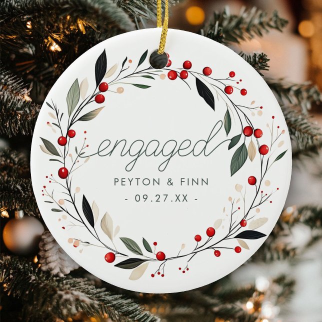 Modern First Christmas Engaged Mistletoe Wreath Ceramic Ornament (Creator Uploaded)