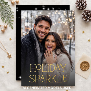 Modern First Christmas Engaged Photo Black Foil Holiday Card